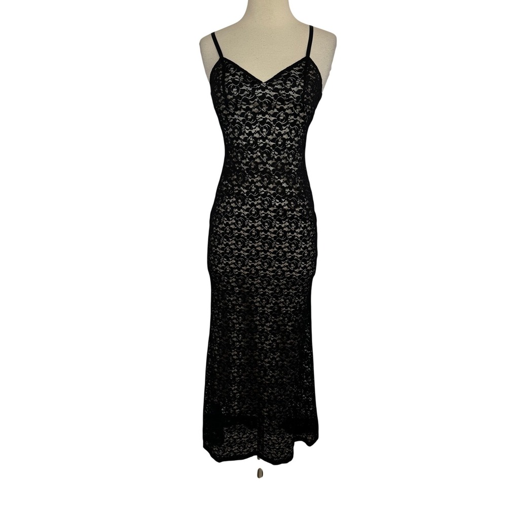 Black Floral Lace Maxi Dress V-Neck Spaghetti Strap Nude Lining Gown